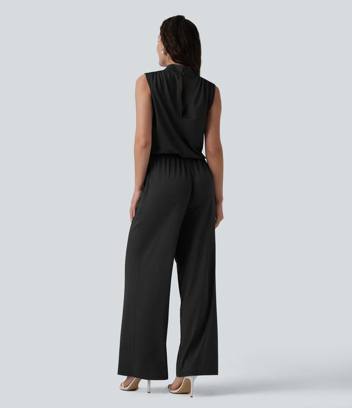 Stand Collar Sleeveless Straight Leg Bridesmaid And Wedding Guest Jumpsuit with Pockets-Easy Peezy