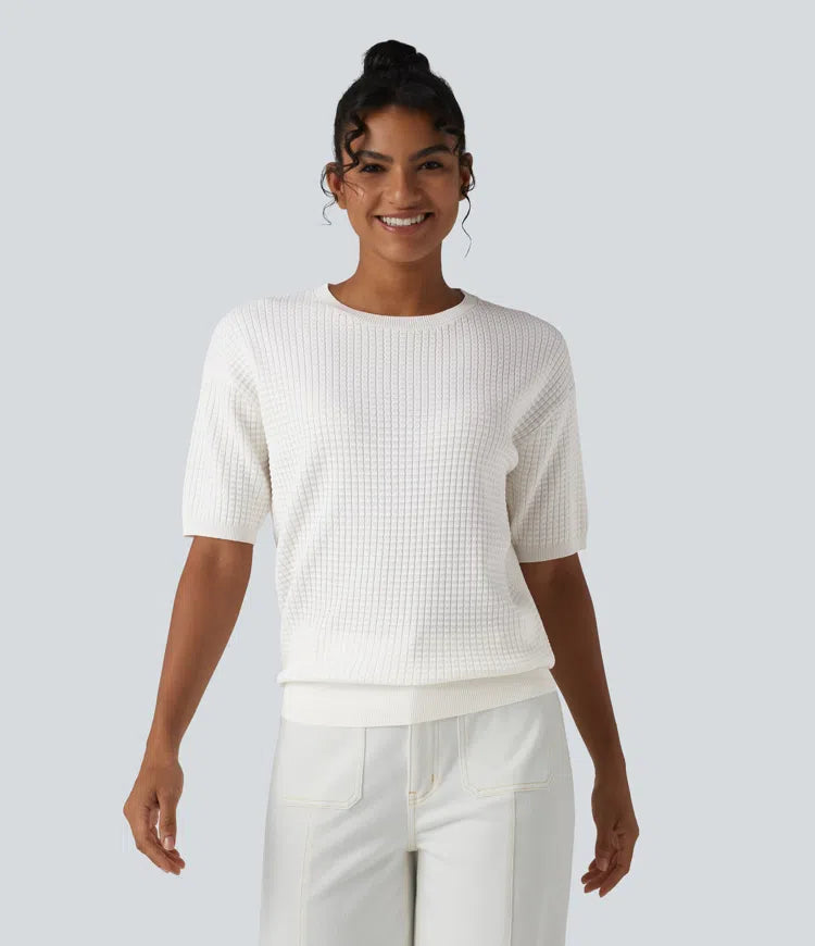 Round Neck Short Sleeve Waffle Casual Sweater