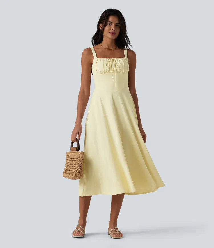 Crisscross Backless Square Neck Sleeveless Ruched Built-in Bra Midi Resort Flowy Milkmaid Dress