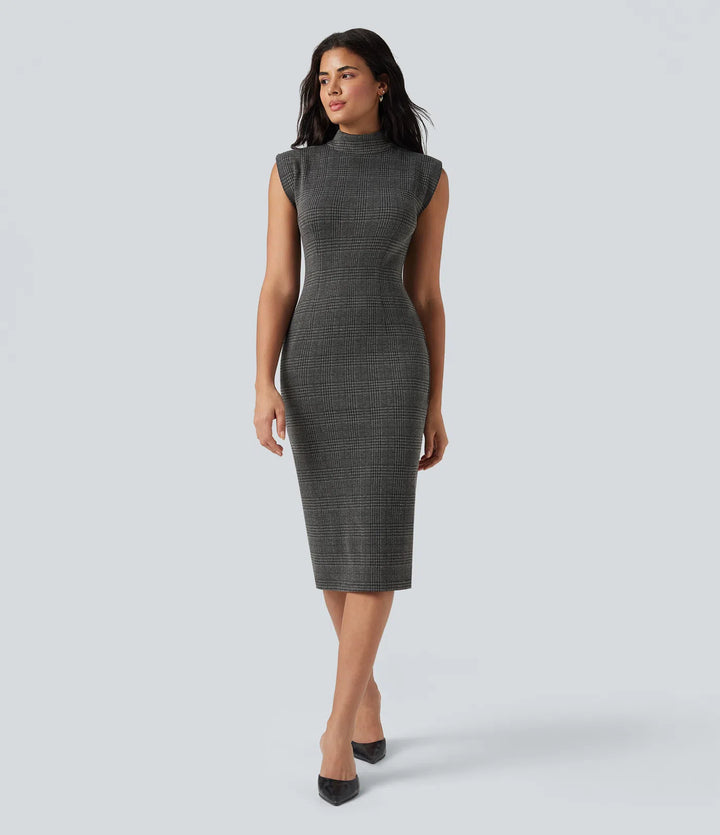 High Neck Sleeveless Bodycon Houndstooth Plaid Midi Work Dress
