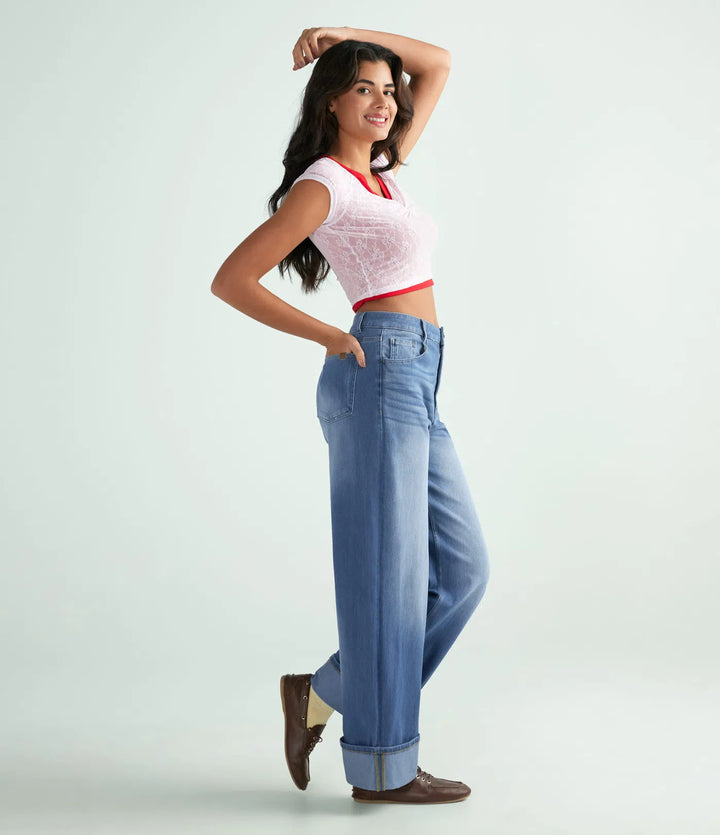 Halara Flex High Waisted Pockets Rolled Hem Wide Leg Washed Casual Jeans