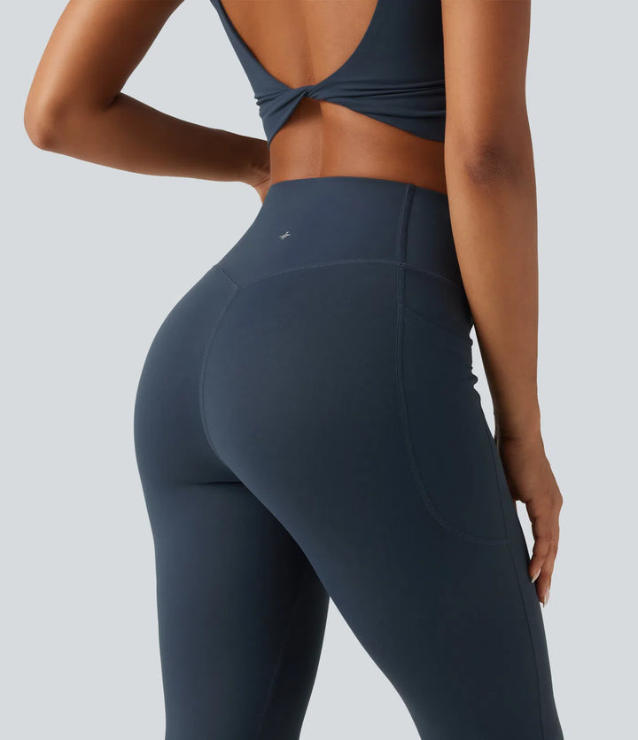 Halara UltraSculpt High Waisted Crossover Tummy Control Flare Workout Leggings with Pockets