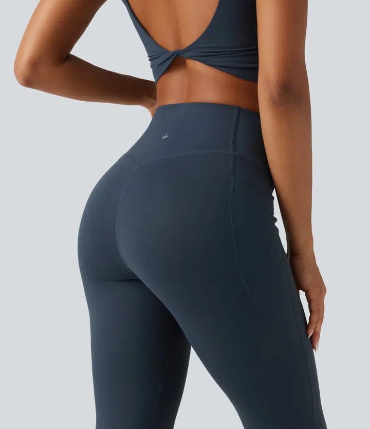 Halara UltraSculpt High Waisted Crossover Tummy Control Flare Workout Leggings with Pockets
