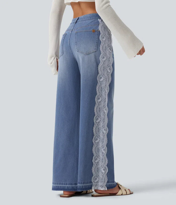 Halara Flex High Waisted Contrast Lace Baggy Casual Jeans with Pockets