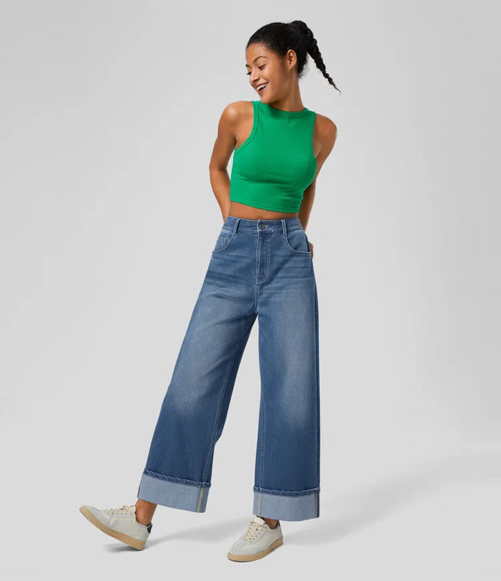 Halara Flex High Waisted Pockets Rolled Hem Wide Leg Washed Casual Jeans