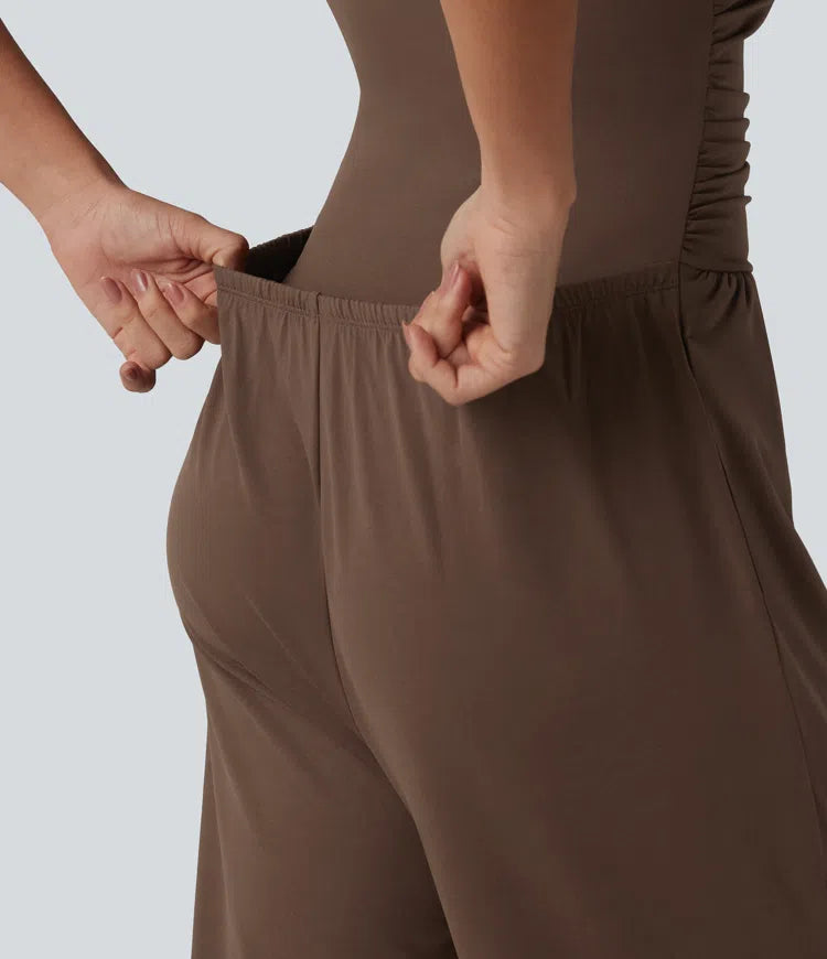 Boat Neck Sleeveless Ruched Wide Leg Casual Jumpsuit with Pockets-Easy Peezy Edition