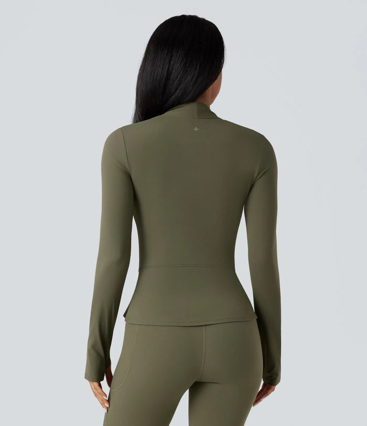 Halara UltraSculpt Push-Up Long Sleeve Thumb Hole Zipper Ruffle Hem Yoga Curvy Jacket