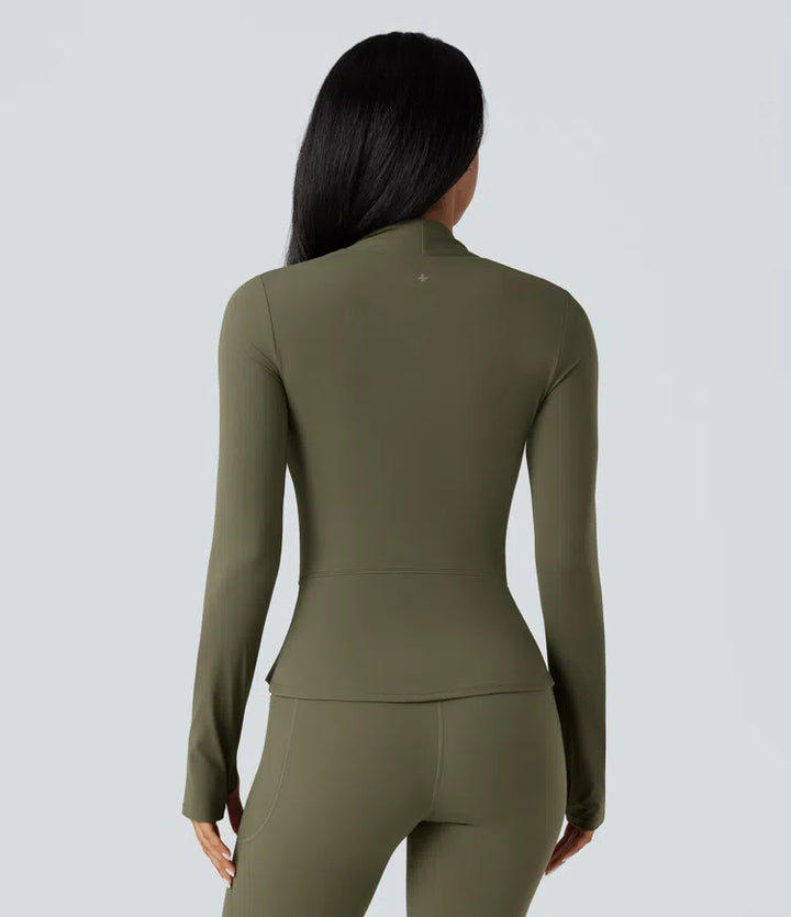 Halara UltraSculpt Push-Up Long Sleeve Thumb Hole Zipper Ruffle Hem Yoga Curvy Jacket