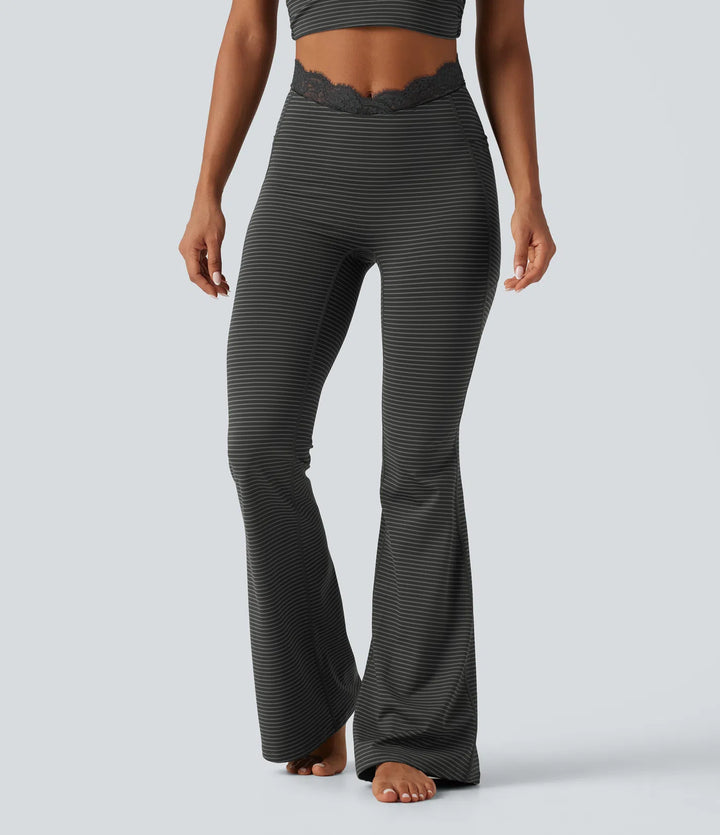 V-Shaped High Waisted Contrast Lace Stripe Yoga Flare Leggings with Pockets