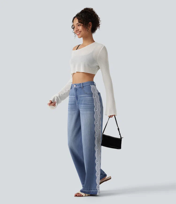 Halara Flex High Waisted Contrast Lace Baggy Casual Jeans with Pockets