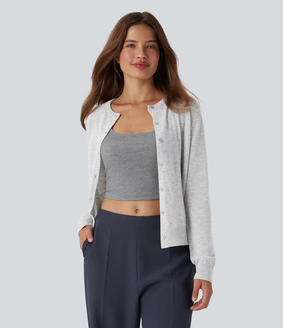 Round Neck Long Sleeve Work Wool-Blend Cardigan