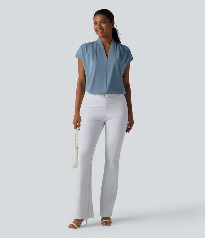Wrinkle Recovery V-neck Batwing Sleeve Loose Fit Work Blouse