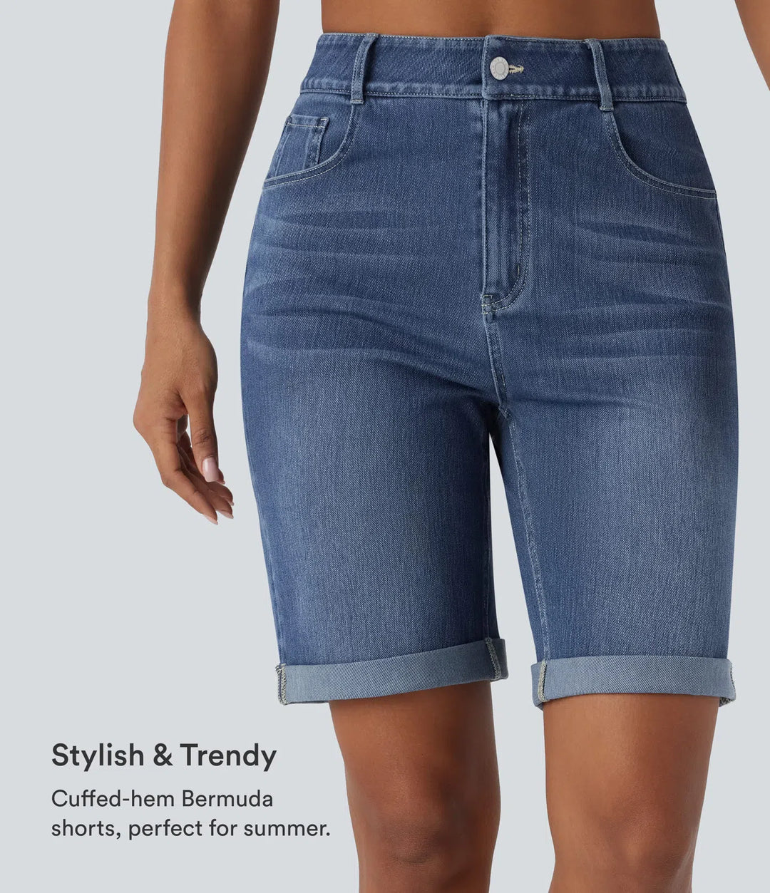 Halara Flex High Waisted Pockets Rolled Hem Washed Denim Casual Bermuda Shorts