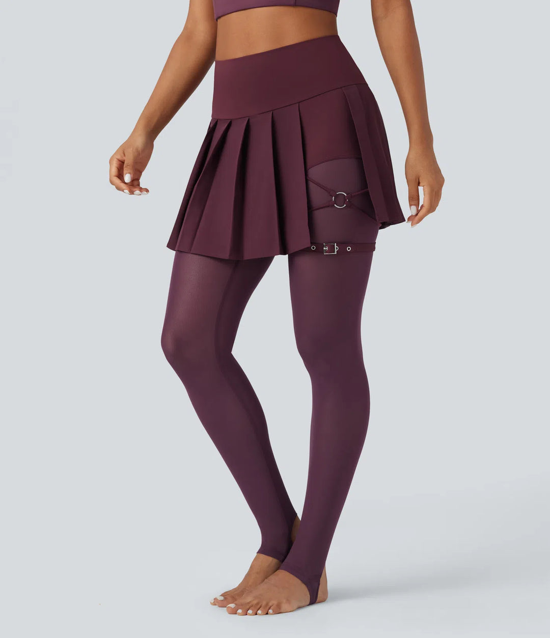Breezeful High Waisted Pleated 2-in-1 Contrast Mesh Quick Dry Dance Stirrup Skirted Leggings with Pockets