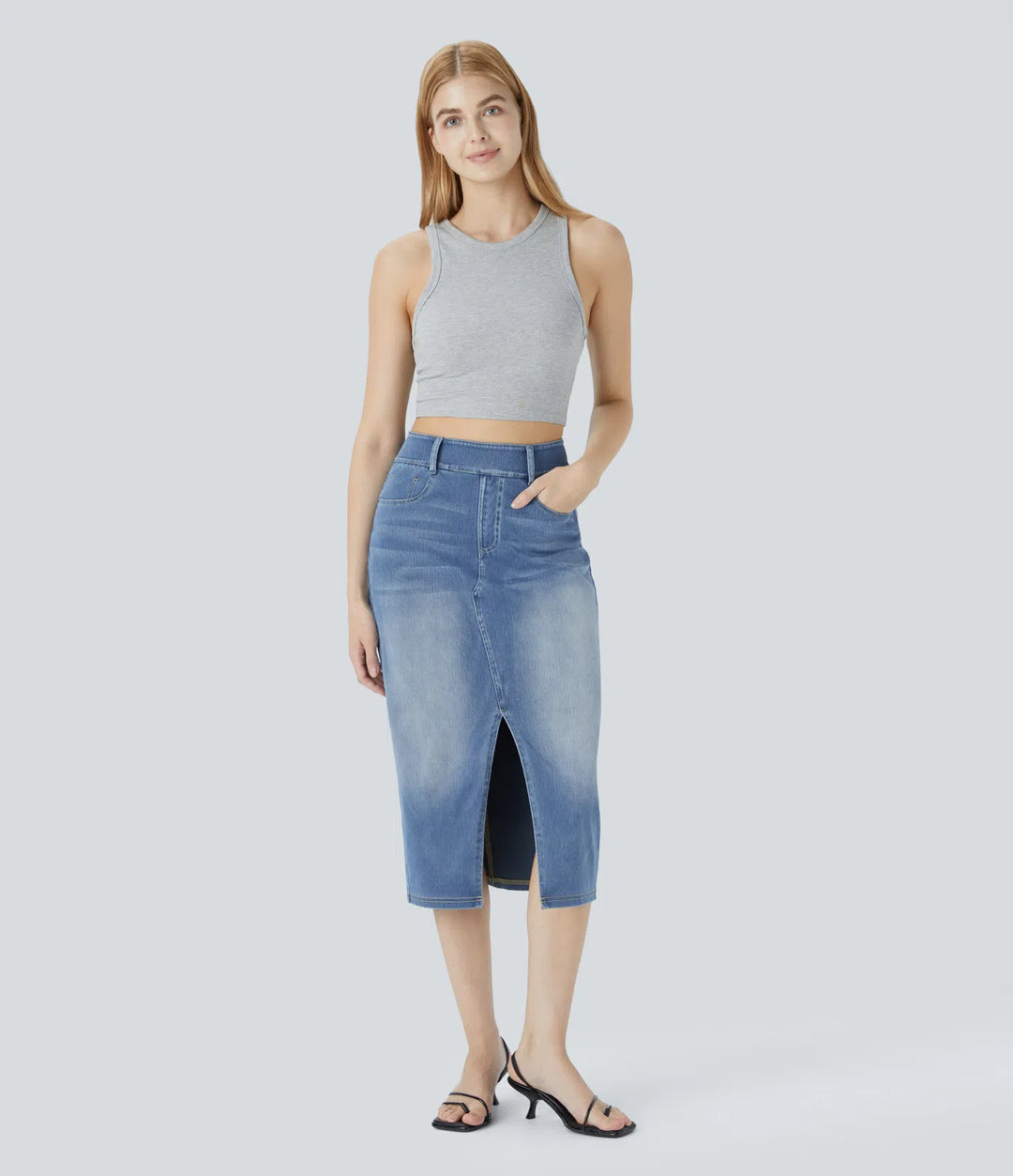 Halara Flex High Waisted Pockets Bodycon Washed Denim Casual Midi Skirt