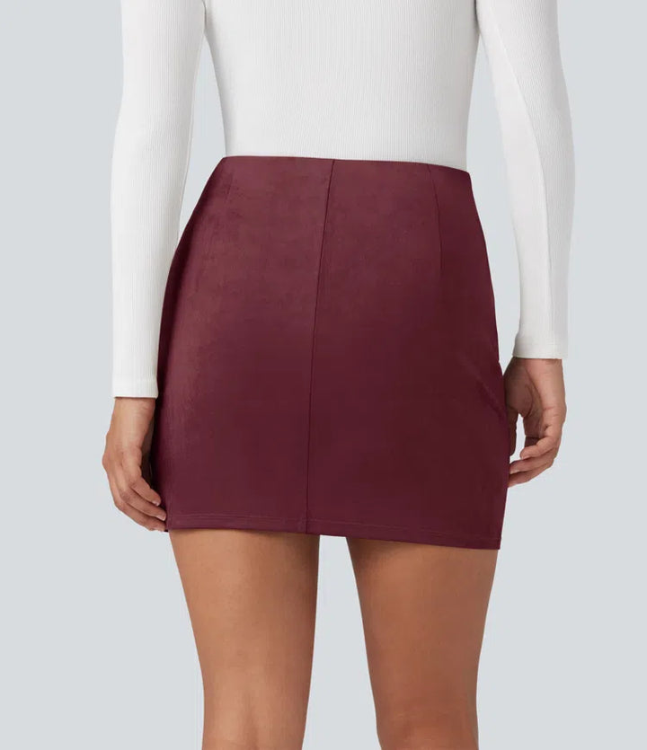 High Waisted Ruched Crossover Hem Bodycon Mini Suede Casual Skirt