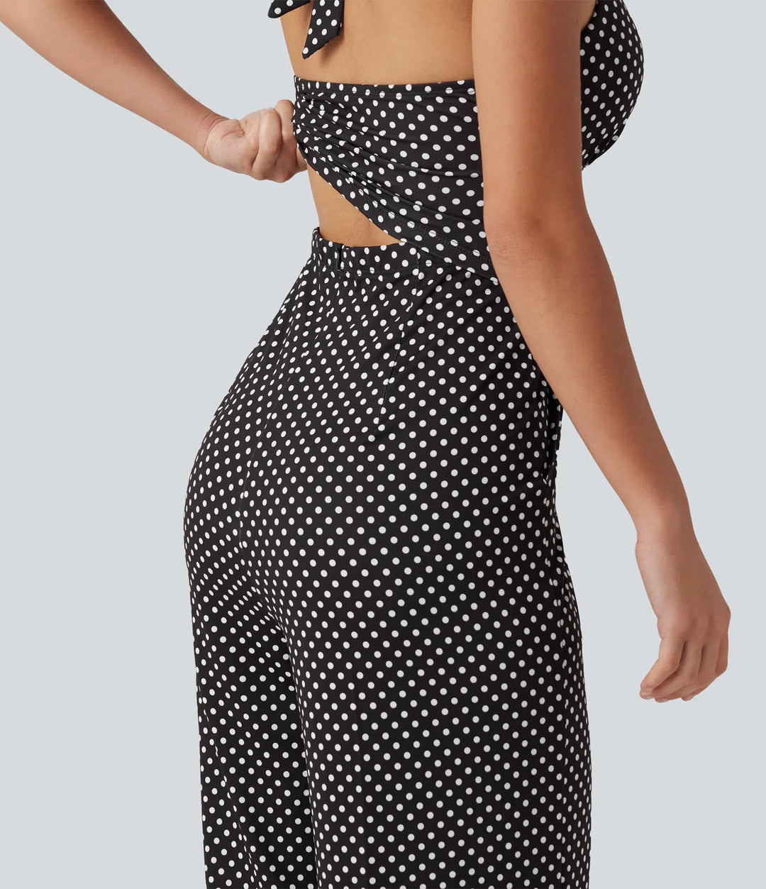 Halter Sleeveless Backless Built-in Bra Polka Dot Print Resort Jumpsuit with Pockets-Easy Peezy