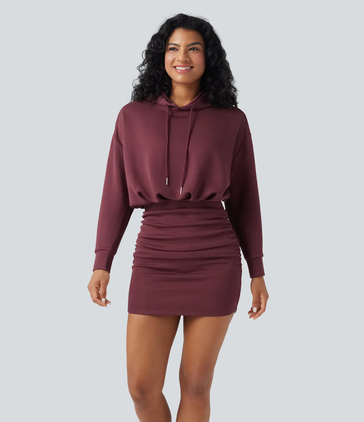 SpacerTek Long Sleeve Ruched Bodycon Mini Casual Hoodie Dress
