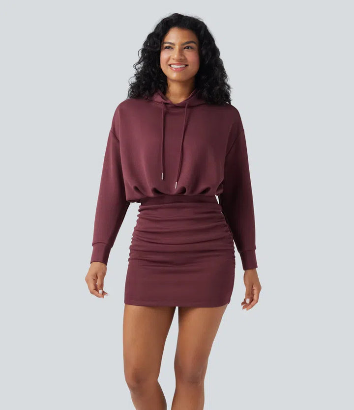 SpacerTek Long Sleeve Ruched Bodycon Mini Casual Hoodie Dress