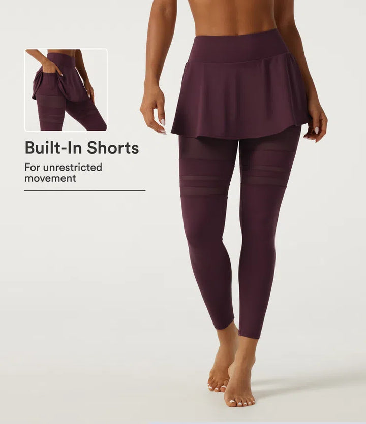 SoftlyZero Airy Mid Rise Pleated Contrast Mesh Dance Skirted Leggings with Pockets