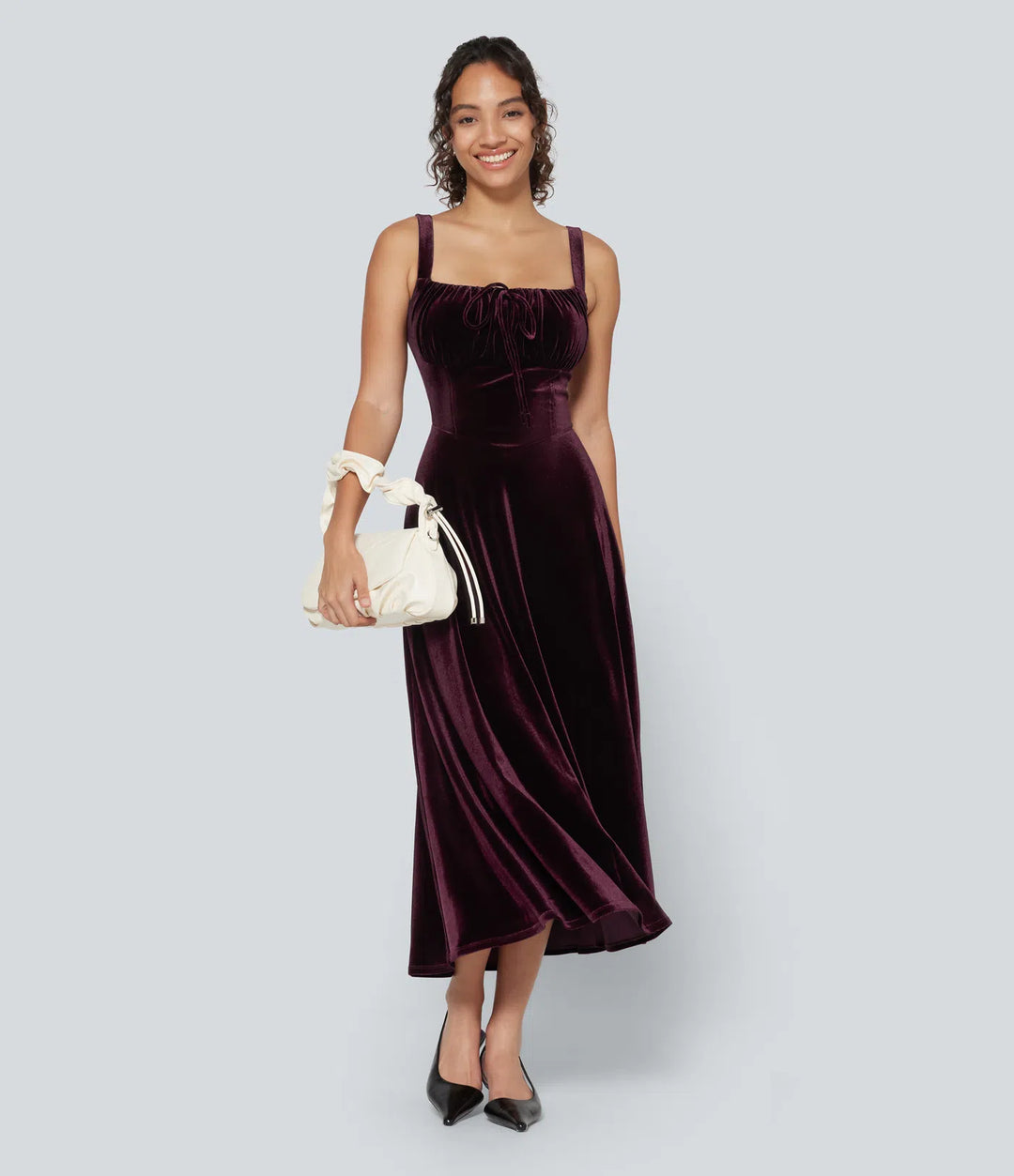 Square Neck Lace Up Ruched Built-in Bra Corset Velvet Midi Casual Milkmaid Dress