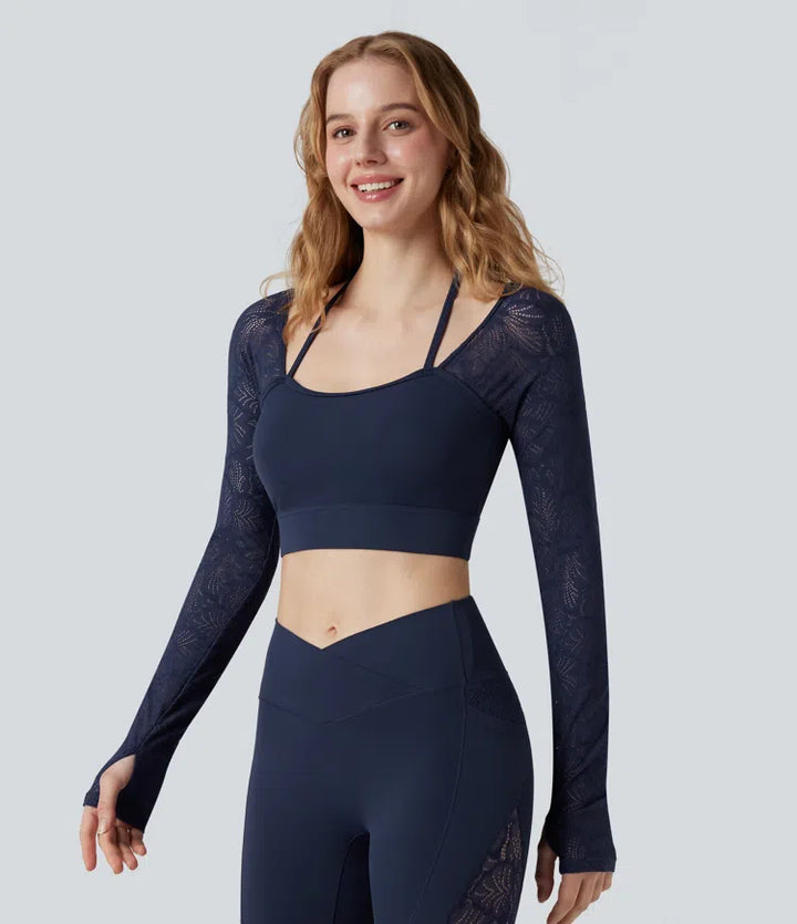 SoftlyZero Contrast Lace Halter Long Sleeve Thumb Holes Cropped Yoga Top