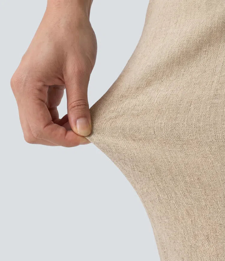 High Waisted Straight Leg Casual Linen-Feel Pants with Pockets