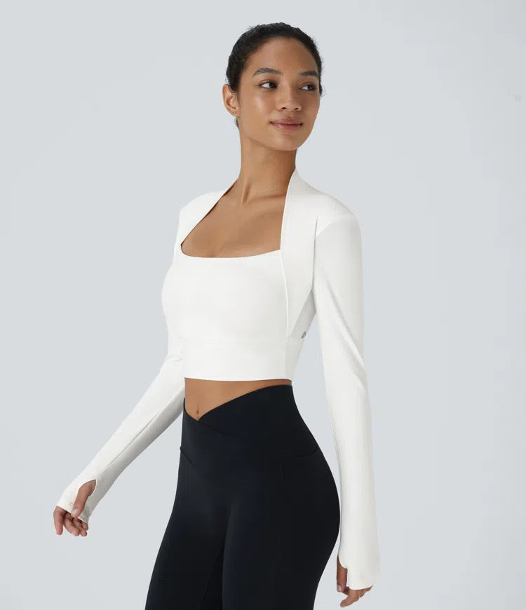 SoftlyZero Plush Long Sleeve Thumb Hole 2-in-1 Cropped Yoga Sports Top