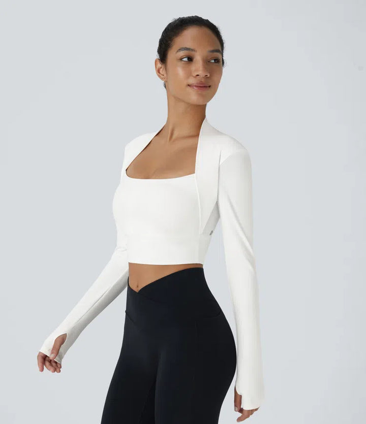 SoftlyZero Plush Long Sleeve Thumb Hole 2-in-1 Cropped Yoga Sports Top