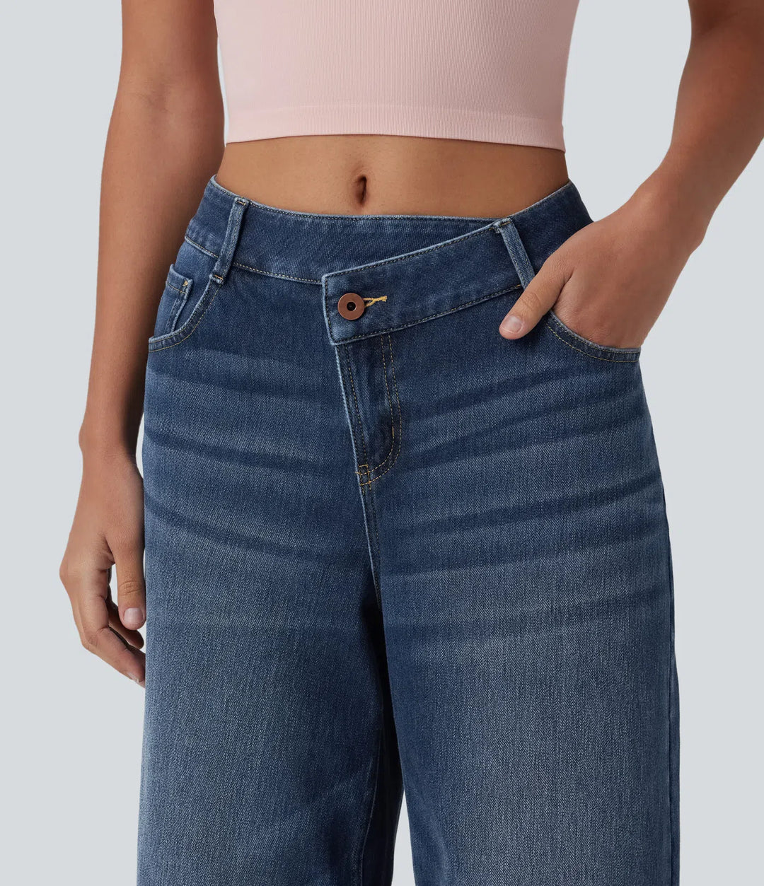 Halara Flex Asymmetric Mid Rise Wide Leg Casual Jeans with Pockets