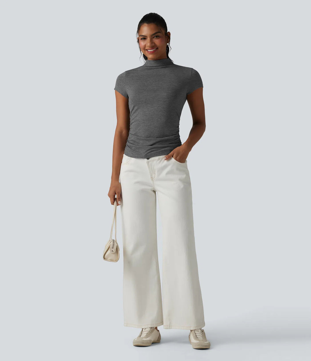Mock-neck Short Sleeve Ruched Casual T-Shirt