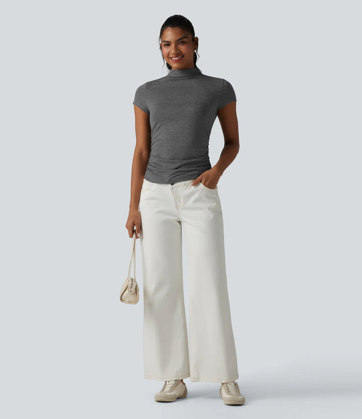 Mock-neck Short Sleeve Ruched Casual T-Shirt