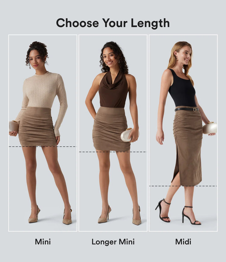 High Waisted Tummy Control Ruched Curved Hem Bodycon 2-in-1 Suede Mini Skirt-Longer Length