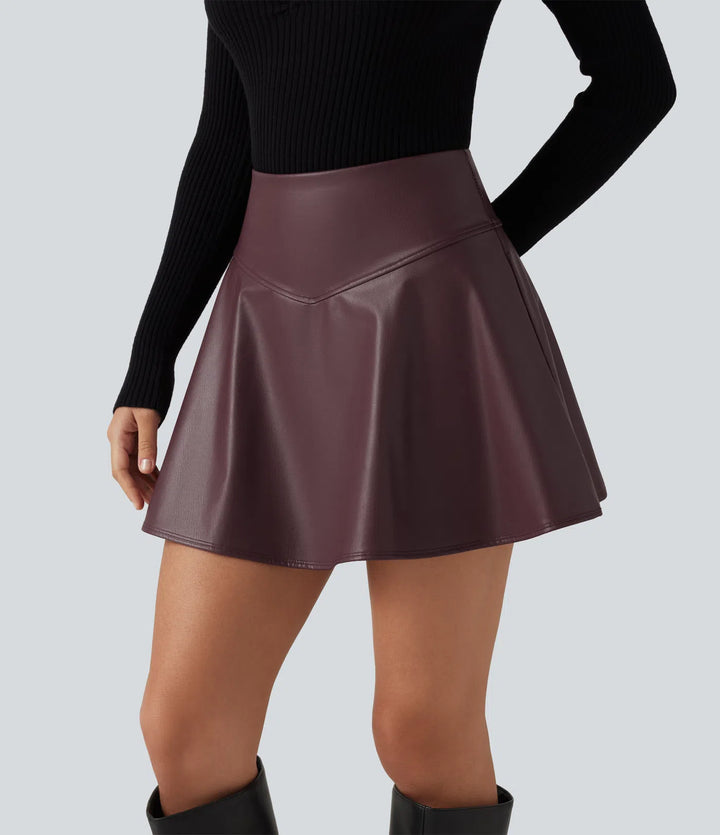 High Waisted Tummy Control Fleece Casual PU Leather Mini Skirt with Built-in Shorts and Pockets