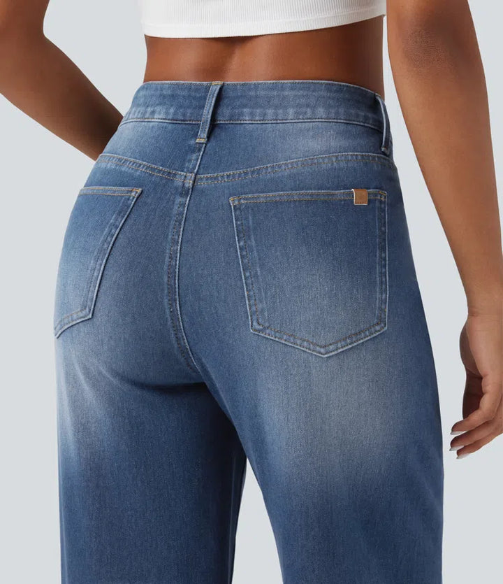 Halara Flex Asymmetric High Waisted Washed Casual Baggy Jeans with Pockets