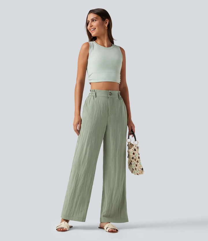 High Waisted Wide Leg Casual Linen-Blend Pants with Pockets