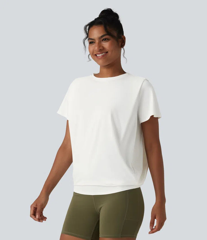Round Neck Short Sleeve Ruched Cool Touch Yoga Sports Top-UPF50+