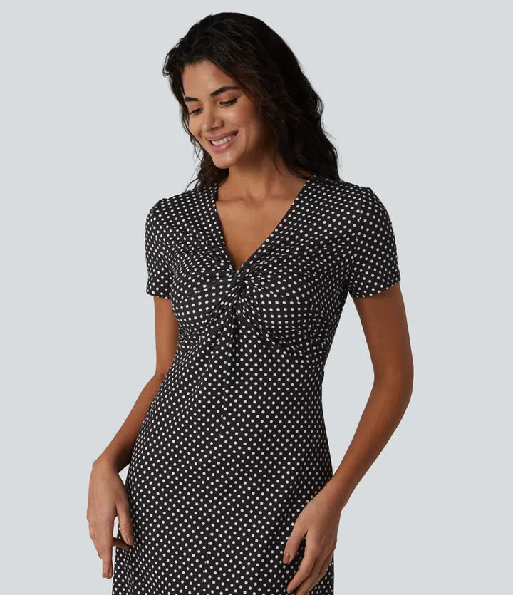 V Neck Short Sleeve Polka Dot Knee Length Casual Dress