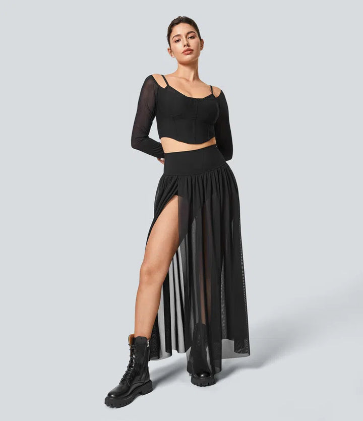 High Waisted 2-in-1 Mesh Flowy Maxi Casual Skirt