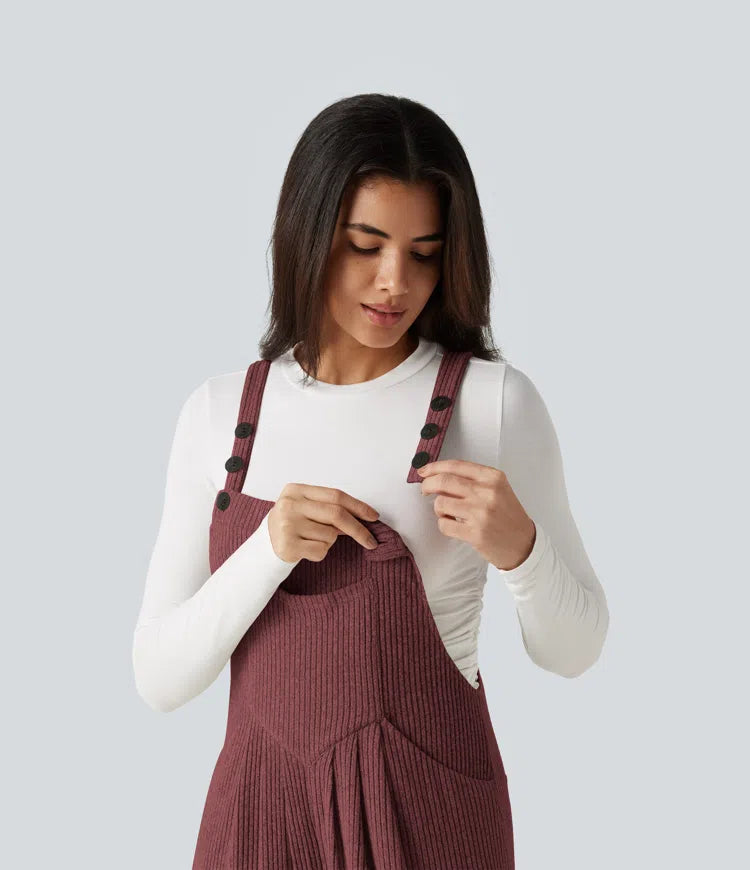 Ribbed Knit Casual Overalls with Pockets