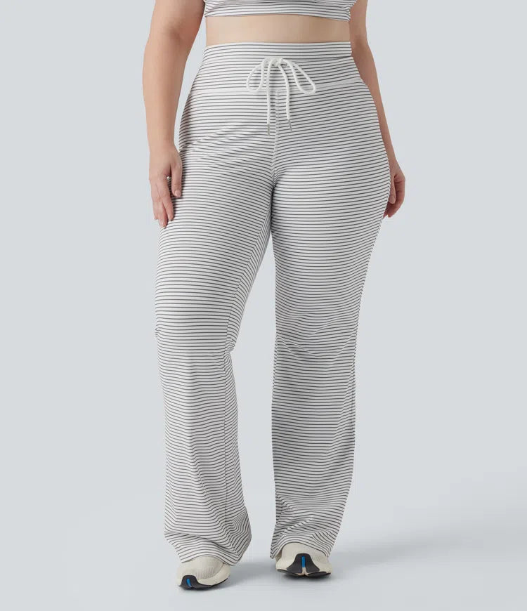 High Waisted Drawstring Stripe Flare Yoga Plus Size Pants with Pockets