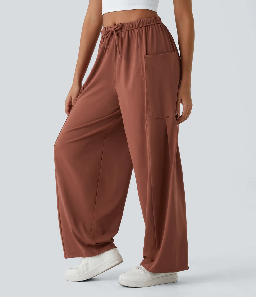 Mid Rise Elastic Waistband Drawstring Pocket Palazzo Flowy Wide Leg Baggy Casual Pants
