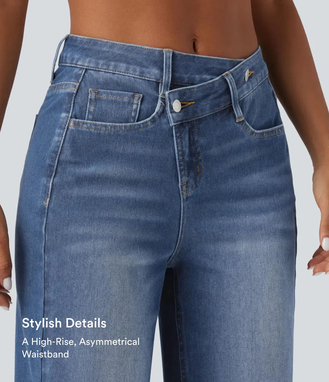 Halara Flex Asymmetric High Waisted Washed Casual Baggy Jeans with Pockets