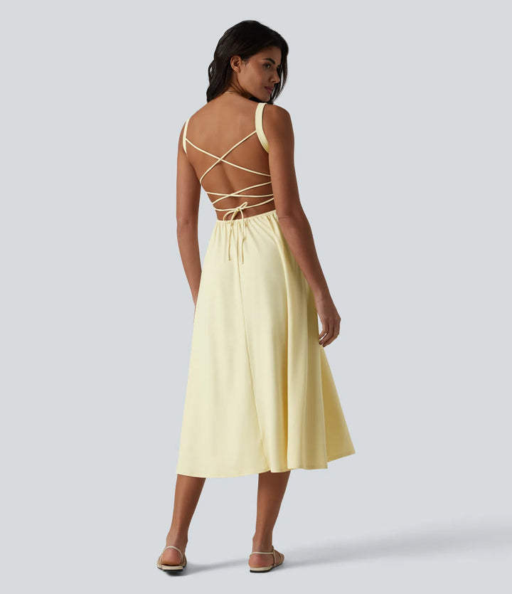 Crisscross Backless Square Neck Sleeveless Ruched Built-in Bra Midi Resort Flowy Milkmaid Dress