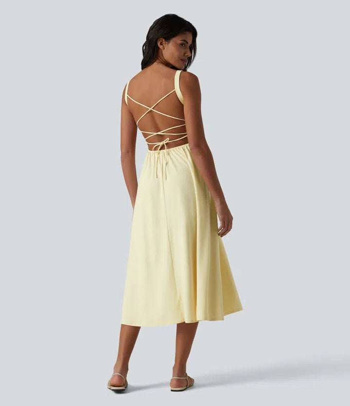 Crisscross Backless Square Neck Sleeveless Ruched Built-in Bra Midi Resort Flowy Milkmaid Dress