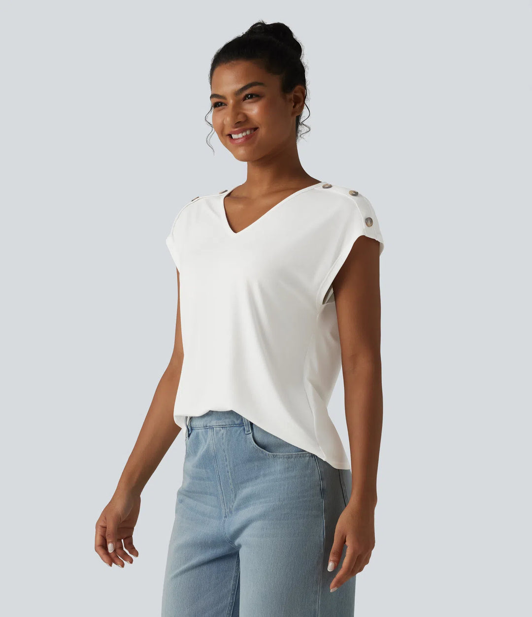 V Neck Decorative Button Cap Sleeve Relaxed Casual T-Shirt