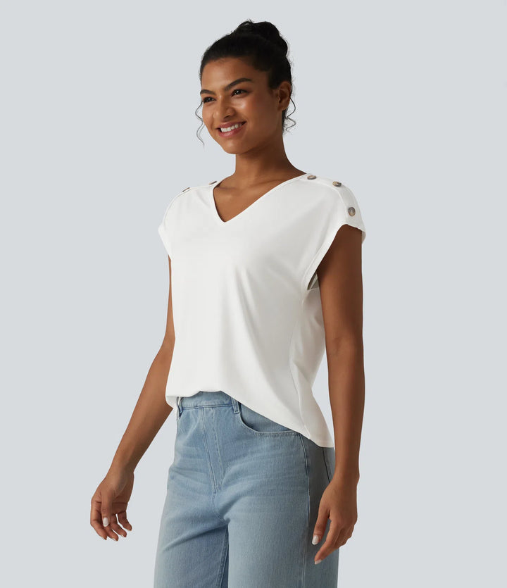 V Neck Decorative Button Cap Sleeve Relaxed Casual T-Shirt