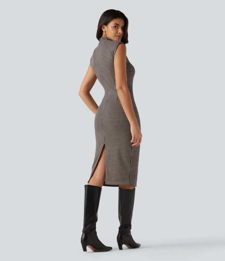 High Neck Sleeveless Bodycon Patterned Midi Work Dress