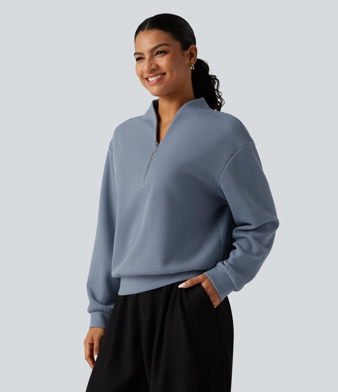 V Neck Long Sleeve Waffle Casual Sweatshirt
