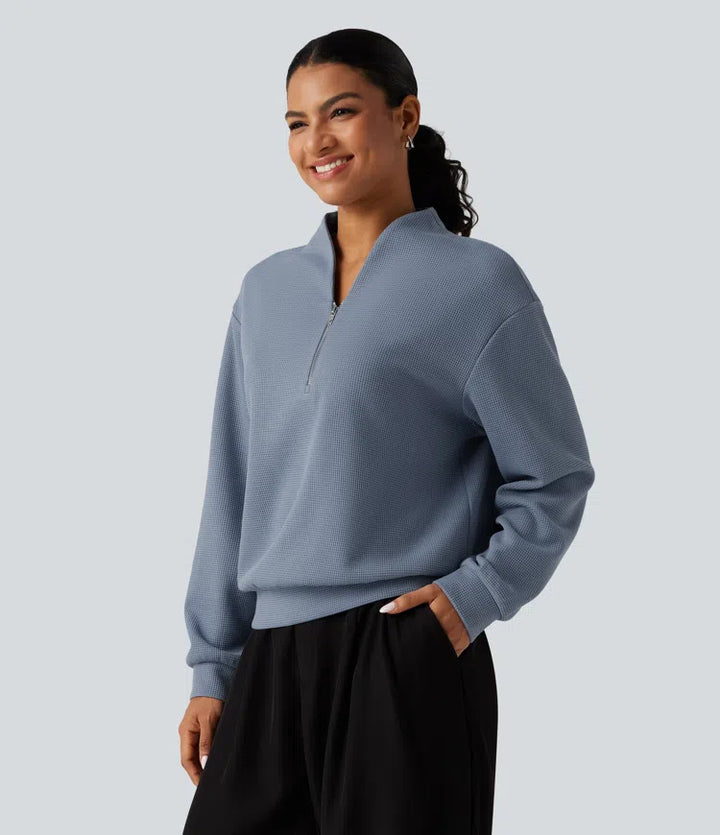 V Neck Long Sleeve Waffle Casual Sweatshirt